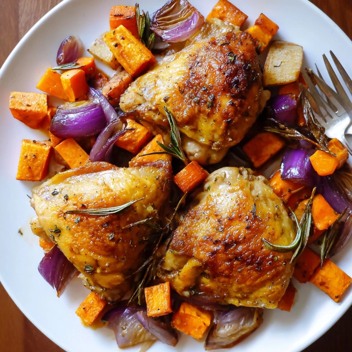 Golden brown Honey-Glazed Chicken with Roasted Root Vegetables, ready to serve on a platter.
