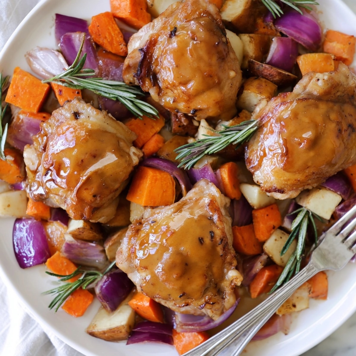 Aromatic, crispy Honey-Glazed Chicken with tender roasted carrots, parsnips, sweet potato, and onion.