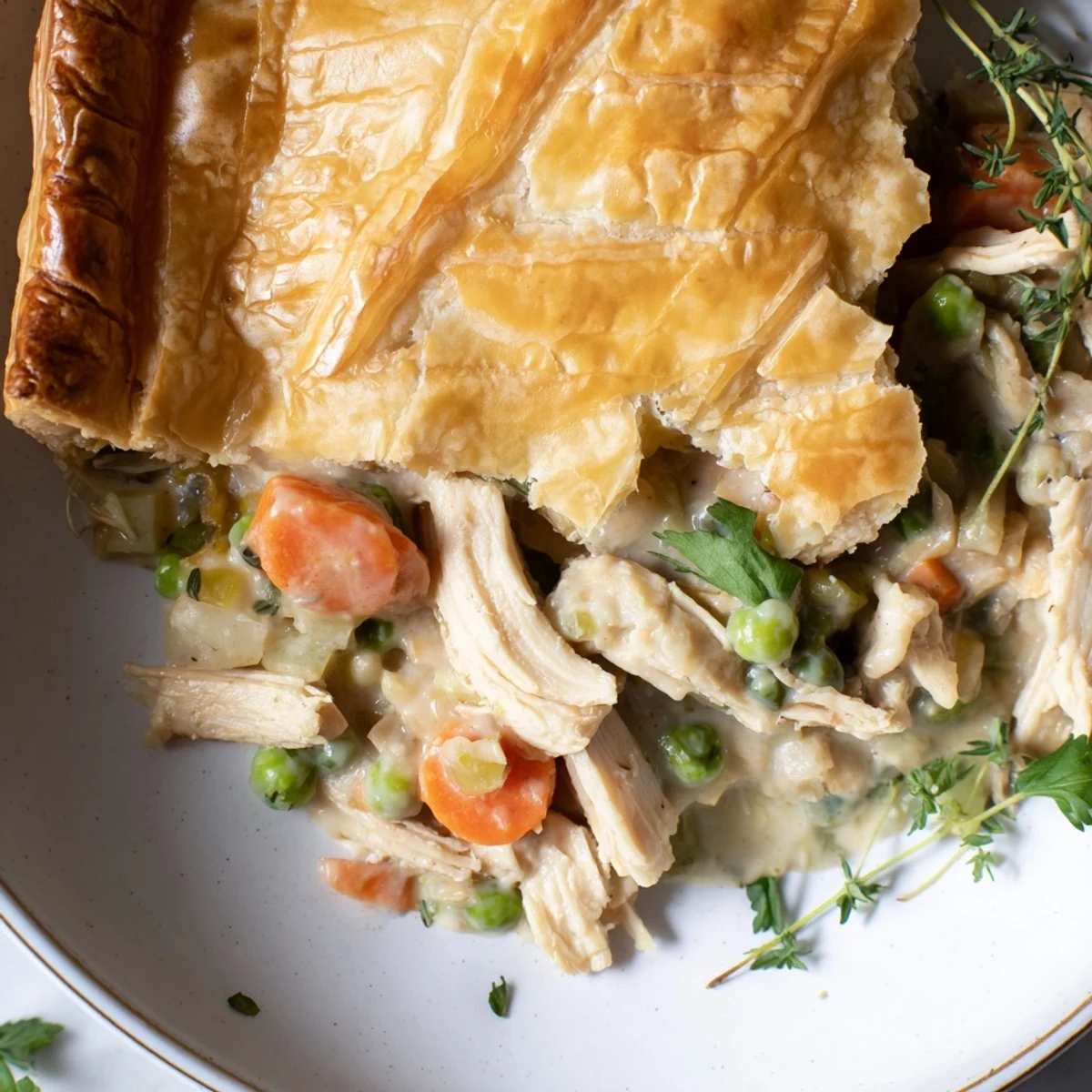 Golden flaky crust topping a steaming Laurel & Herb Chicken Pot Pie, a warm and inviting family dinner.