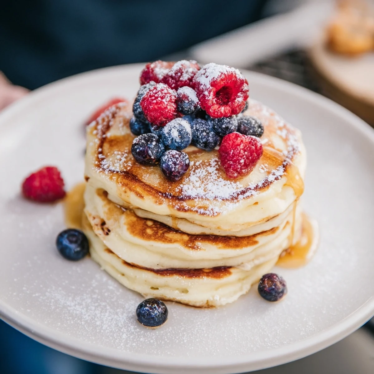 Fluffy Ricotta Pancakes, golden and light, topped with fresh berries, ready for a delicious breakfast.