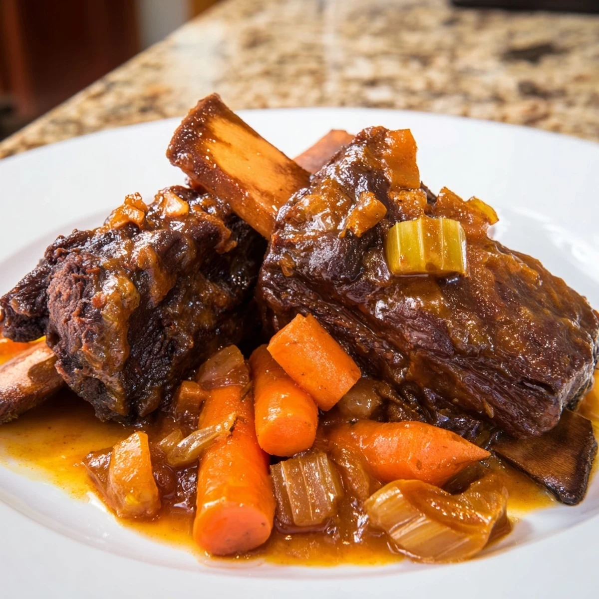 One-Pot Amber-Glowed Beer-Braised Short Ribs, tender and glistening, sit in their rich, savory beer sauce.