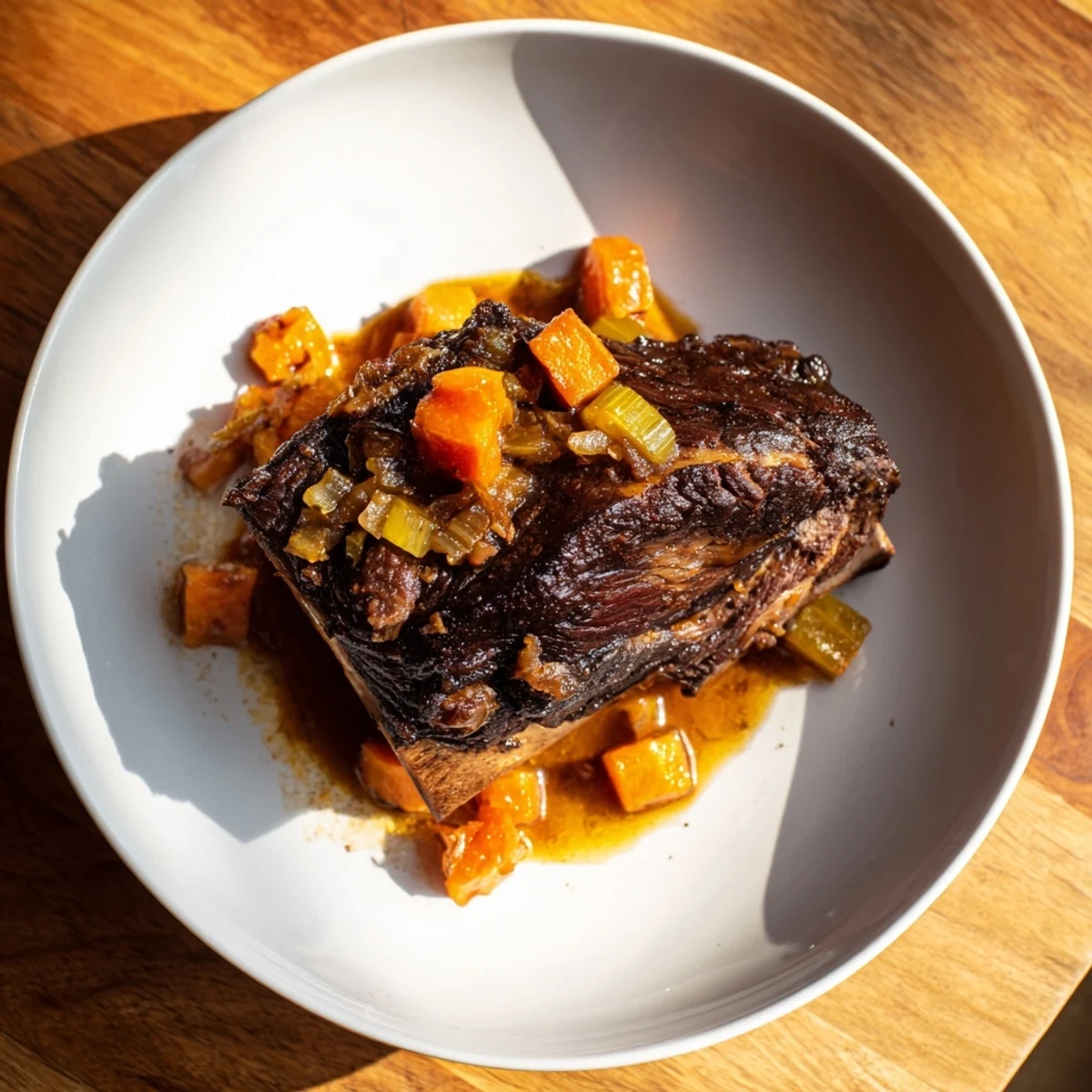 Enjoy the enticing aroma of One-Pot Amber-Glowed Beer-Braised Short Ribs, tender meat with carrots and celery.