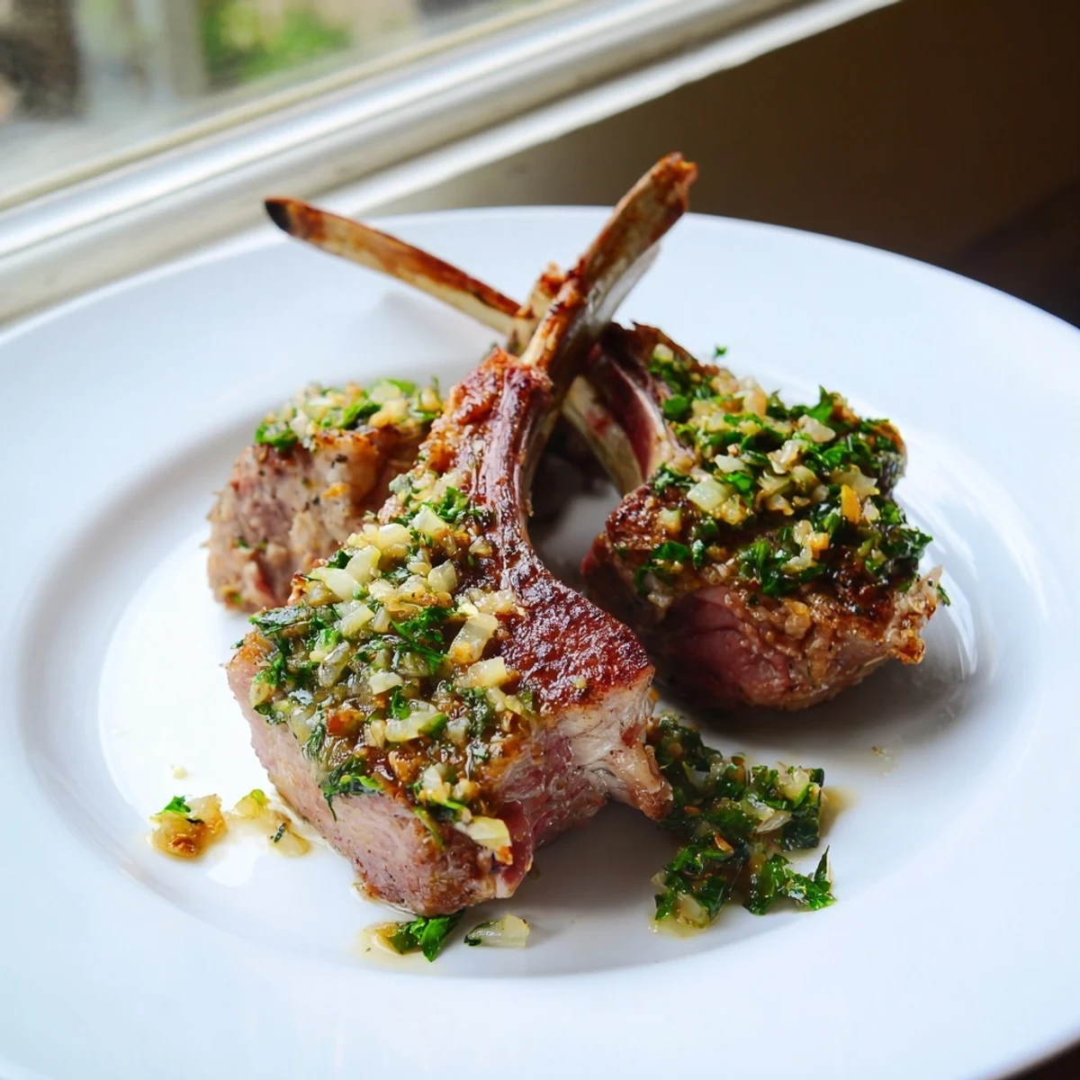 Pan-seared lamb chops, glistening with olive oil, paired with a vibrant, fresh mint sauce for a quick weeknight dinner.