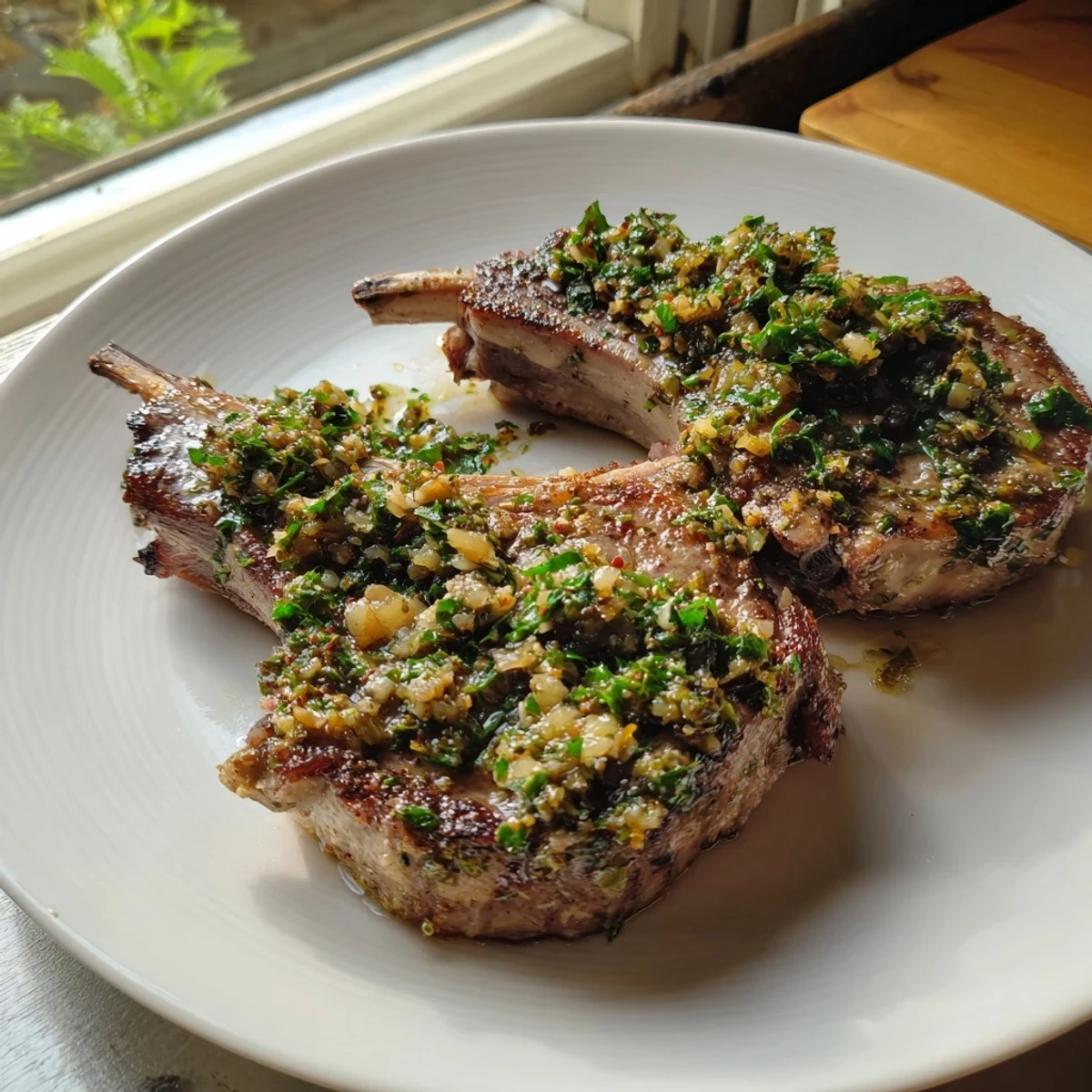 A close-up of tender lamb chops in a rich sauce, ready to serve with refreshing mint; the perfect easy meal.