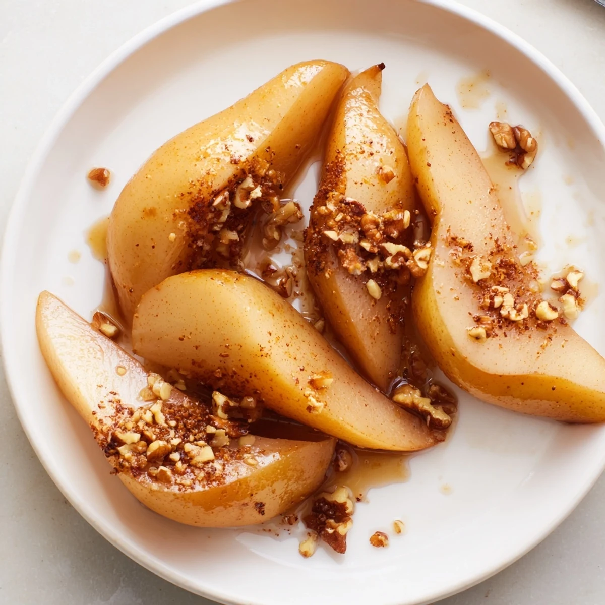 Golden, baked Maple-Warm Cozy Plate: Caramelized Pear and Walnut Bake with a scoop of creamy vanilla ice cream, so inviting.