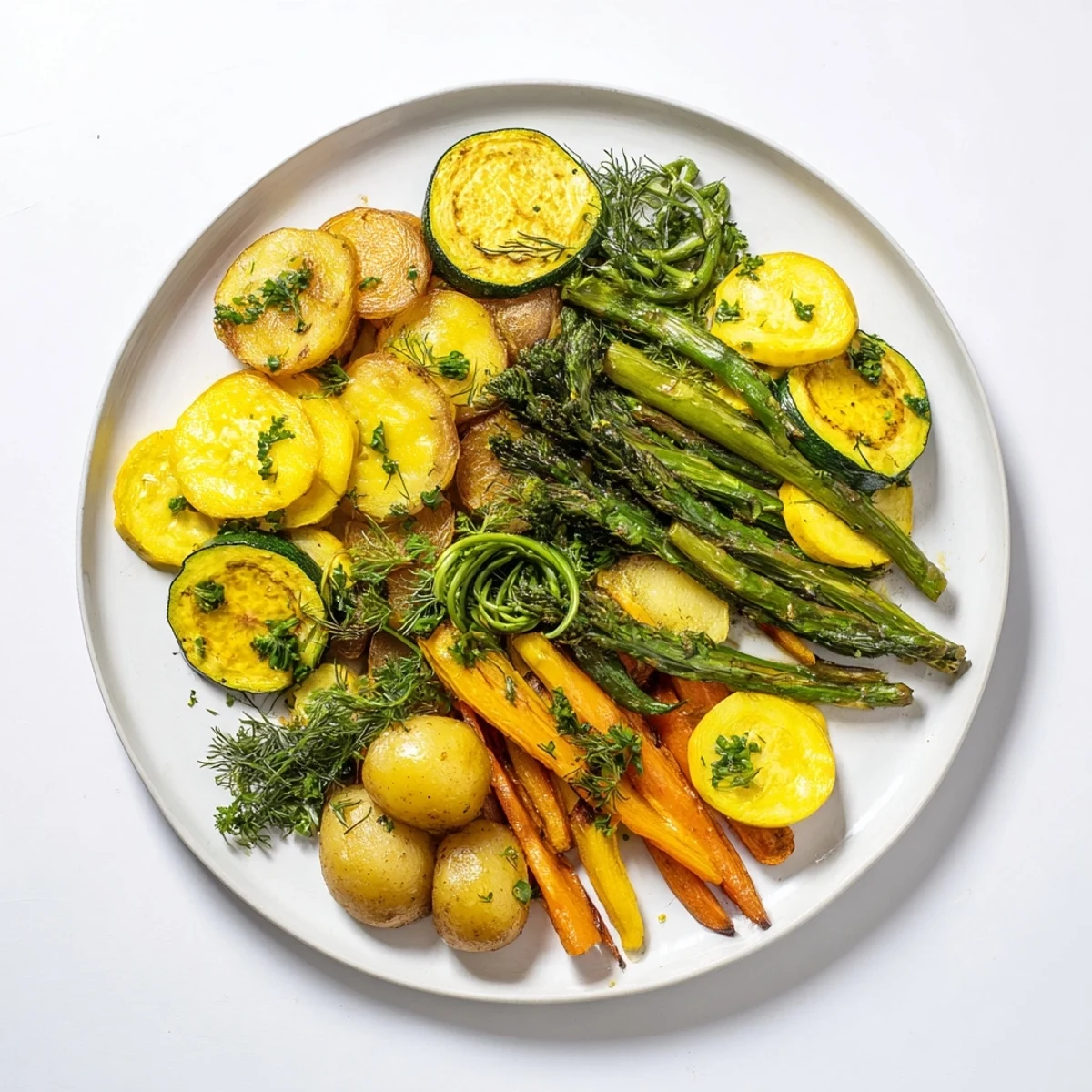 Golden-brown Light Herb & Fern-Inspired Roasted Vegetable Platter bursting with fresh herbs, ready to serve.