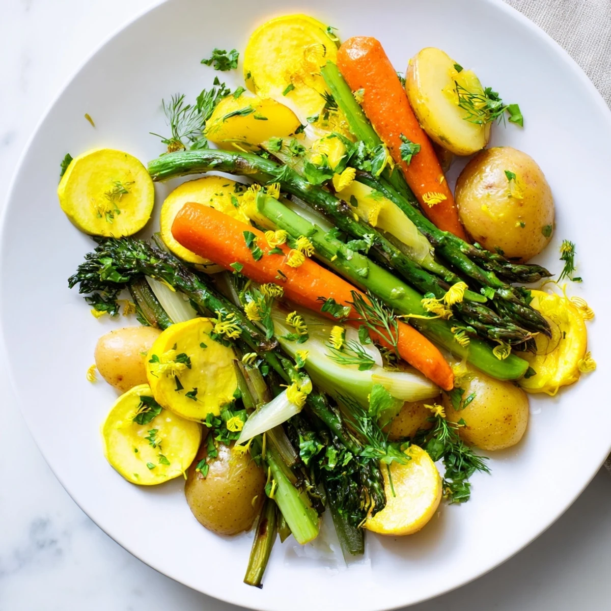 Delicious Light Herb & Fern-Inspired Roasted Vegetable Platter featuring seasonal vegetables, dressed with vibrant herbs.