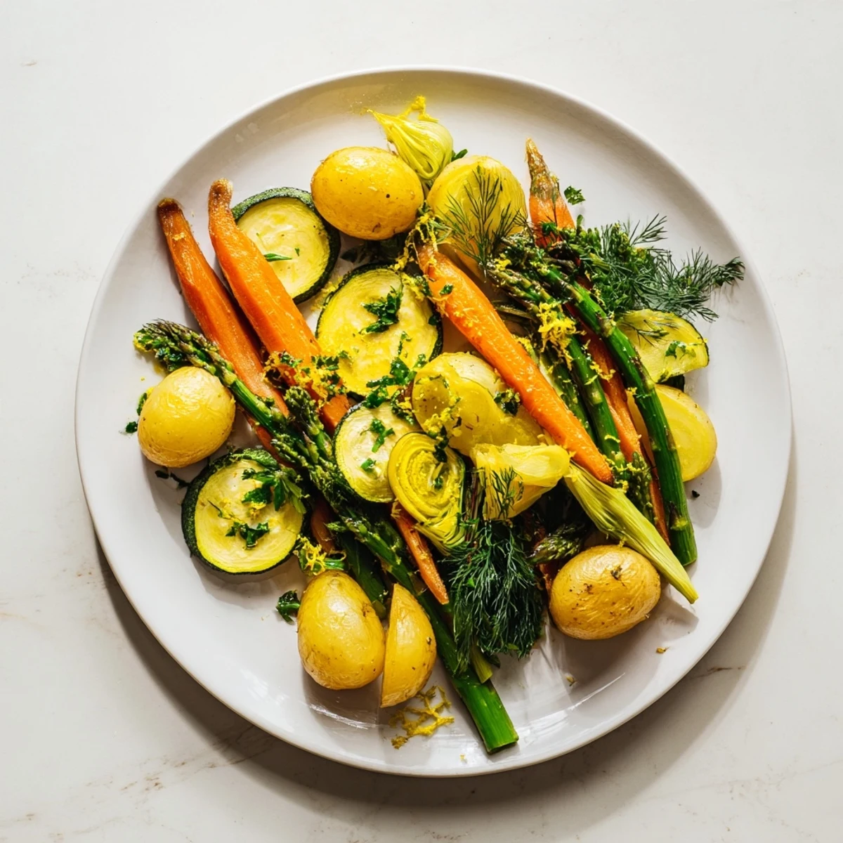Tender, colorful Light Herb & Fern-Inspired Roasted Vegetable Platter, a healthy, flavorful side dish.