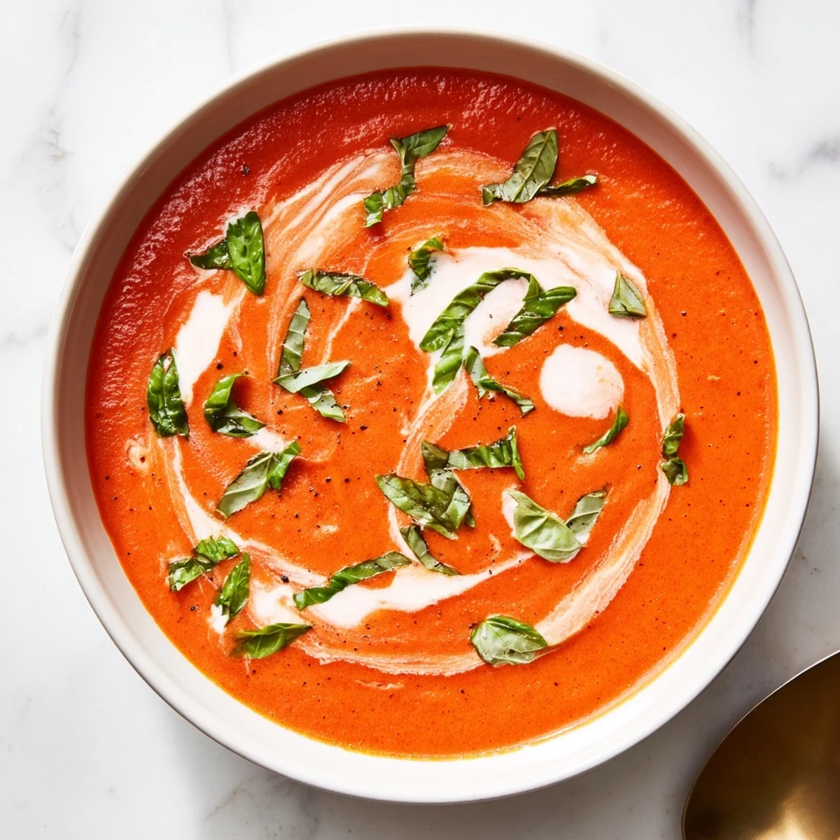 Warm and creamy Whisked Weeknight Tomato and Basil Soup, garnished with fresh basil leaves.