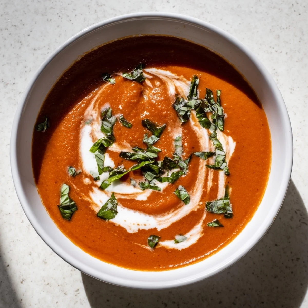 Enjoy a steaming bowl of homemade Whisked Weeknight Tomato and Basil Soup on a chilly evening.