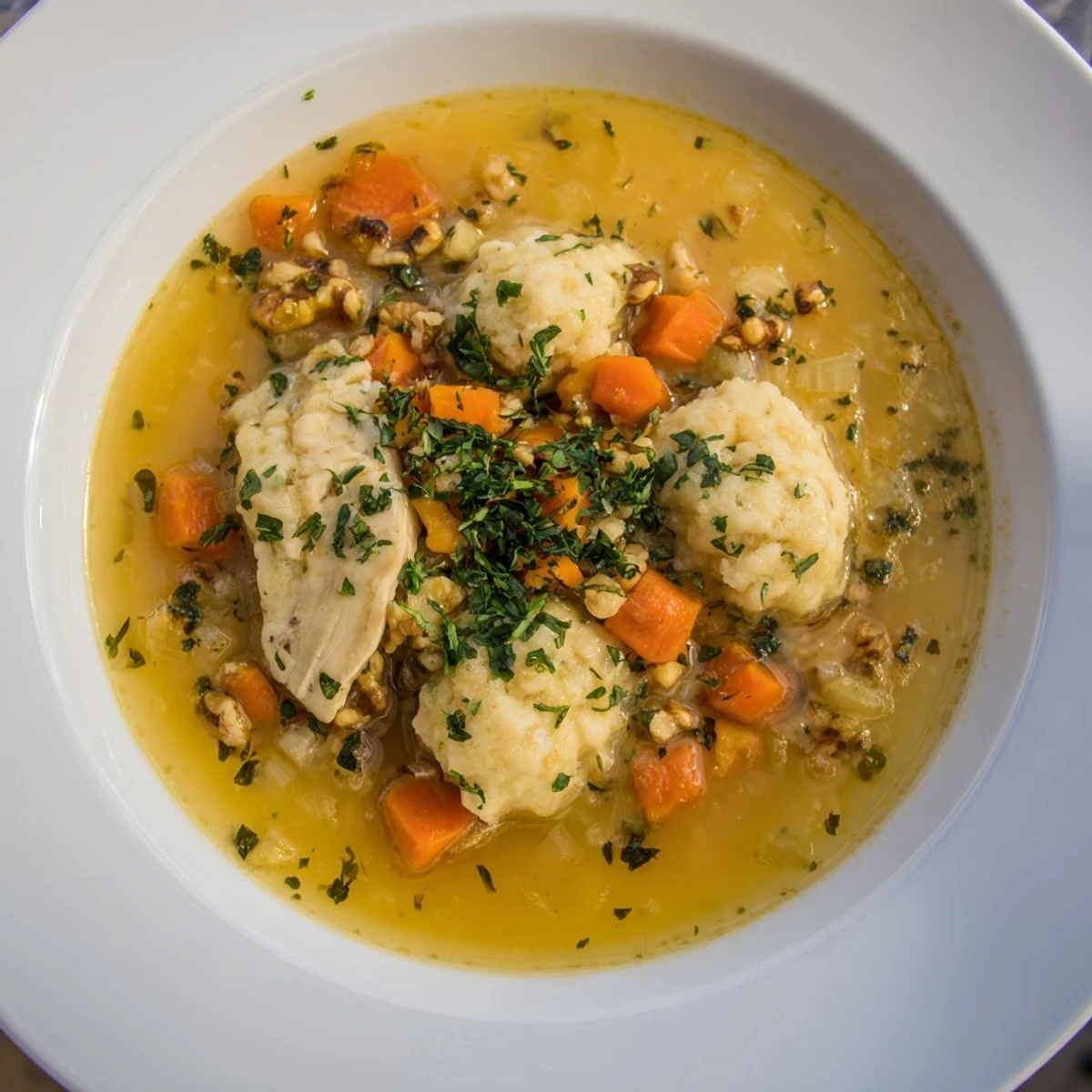 Nut-Warm Homestyle Chicken and Dumplings showcasing fluffy dumplings atop a rich, savory broth.