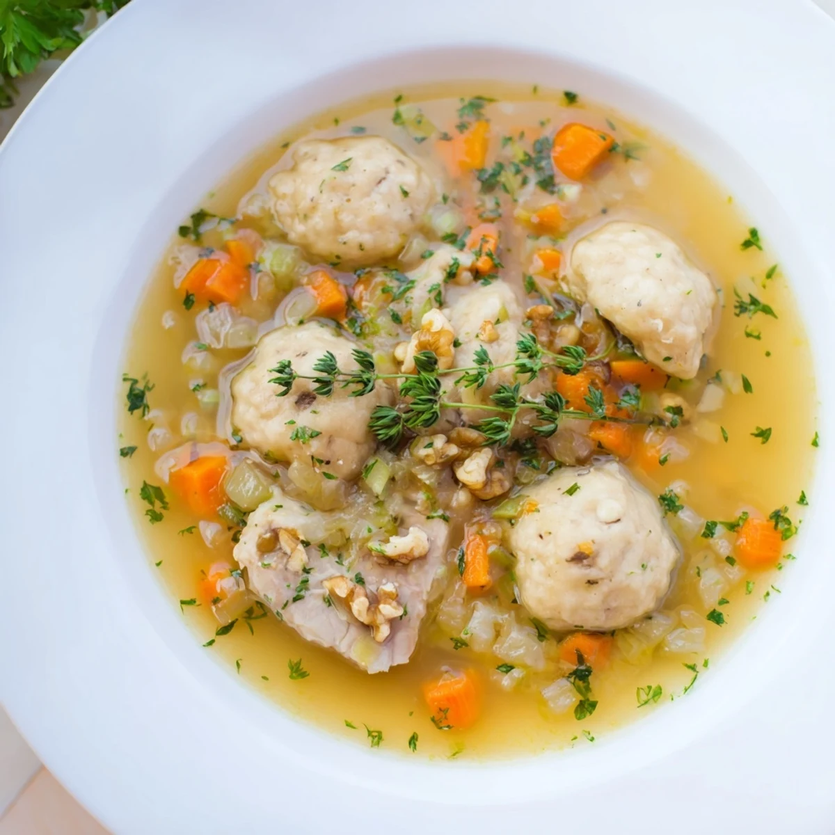 Close-up of golden dumplings in Nut-Warm Homestyle Chicken and Dumplings, with tender chicken.
