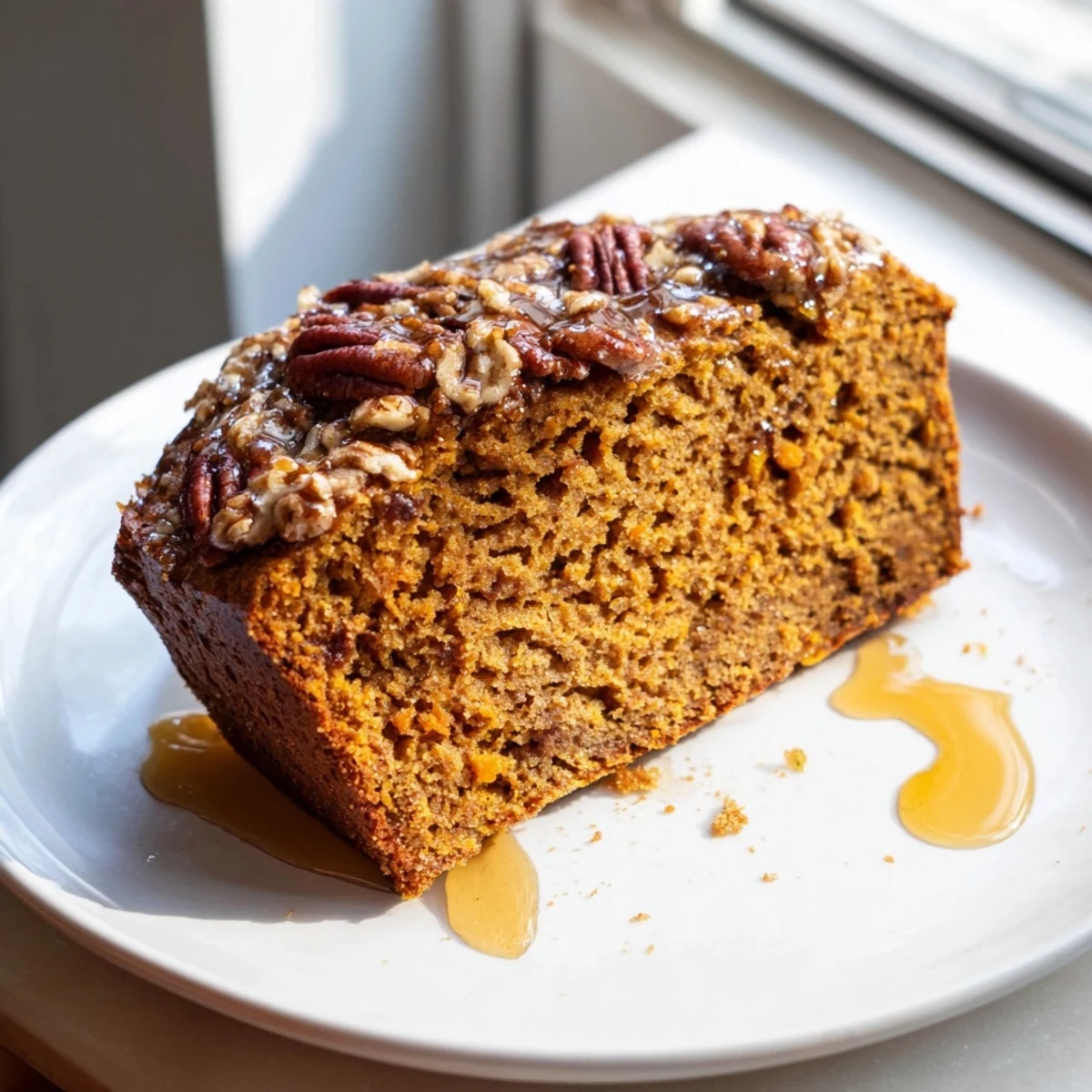 A warm slice of Weekend Cabin-Style Sweet Potato and Pecan Loaf, freshly baked and golden brown.