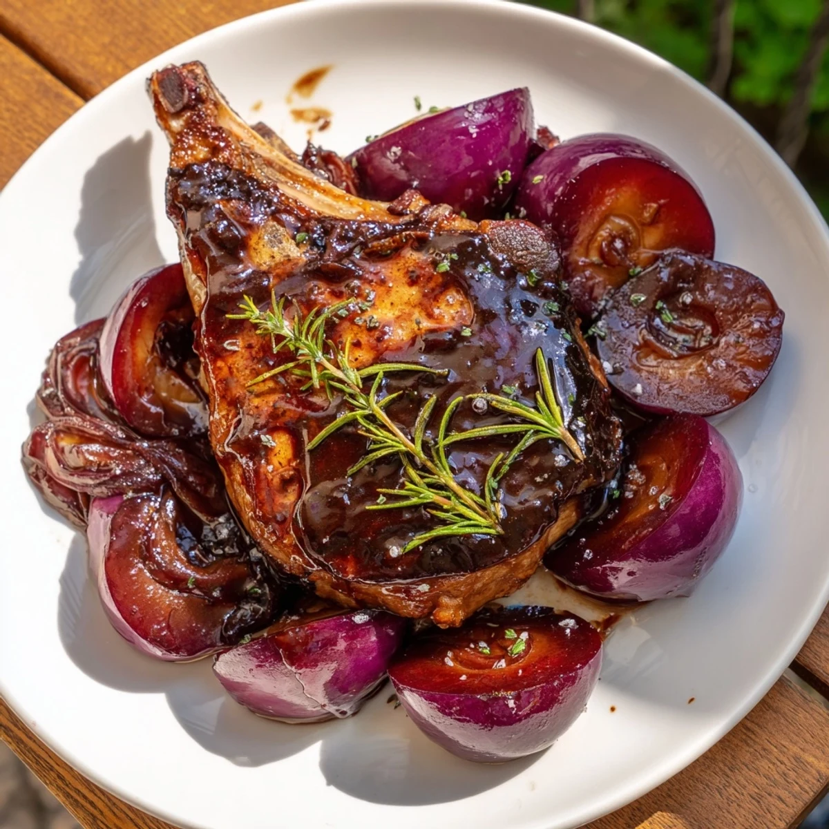 Golden-brown Plum-Soft Pork Chops glistening atop sweet plums and rich balsamic glaze, ready to eat.