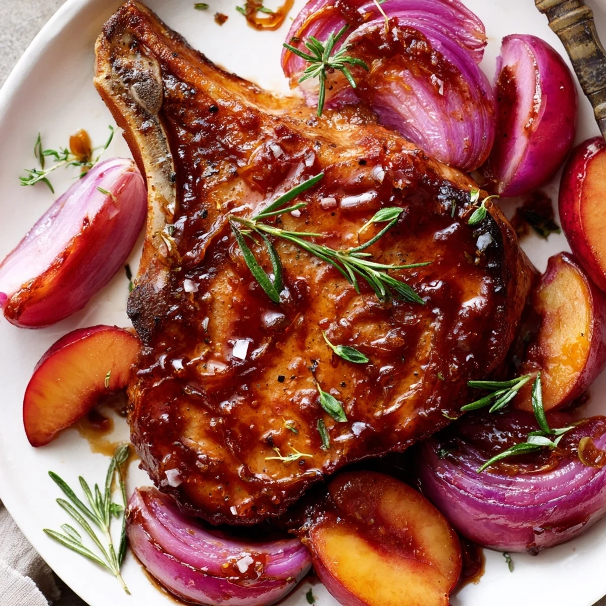 Juicy Plum-Soft Pork Chops served with vibrant plums and a flavorful, reduced balsamic sauce.