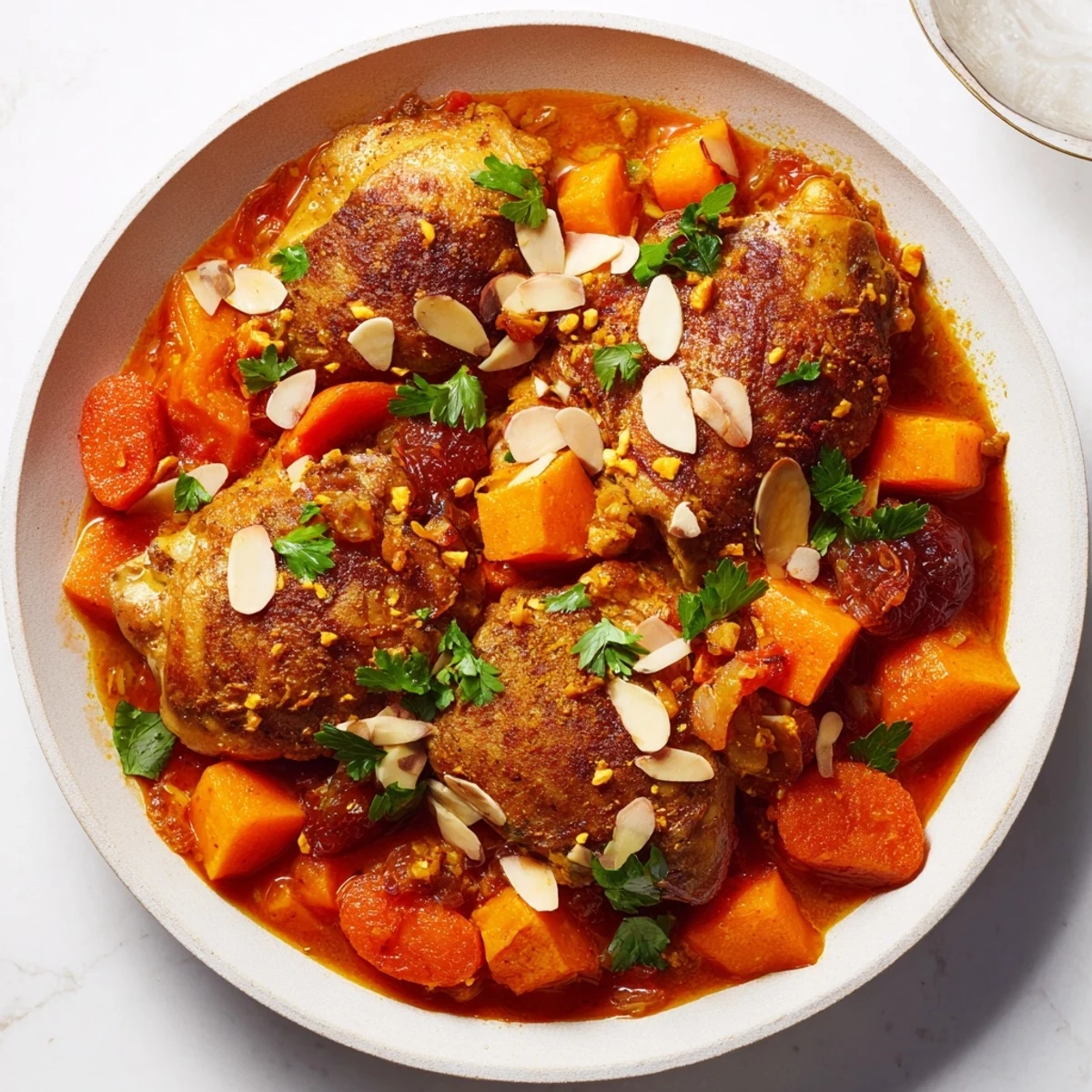 Enjoy a steaming bowl of Soft Spice Slow-Cooker Chicken and Sweet Potato Tagine over fluffy couscous or rice.