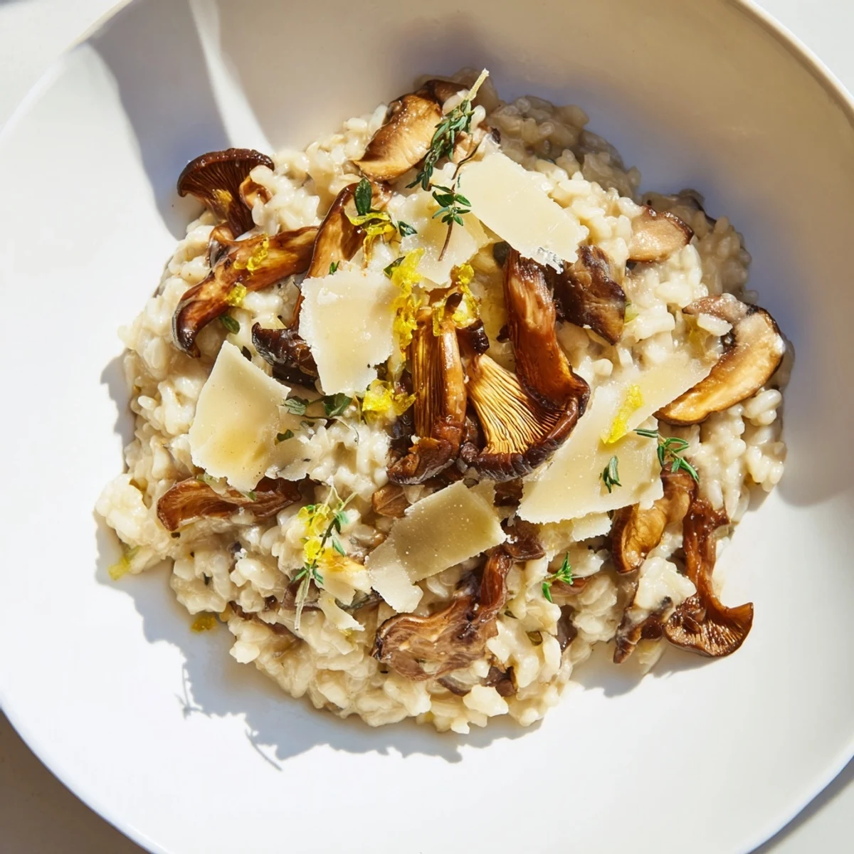 Close-up photo of creamy Cedar-Warm Mushroom and Thyme Risotto, garnished with fresh thyme sprigs and parmesan.