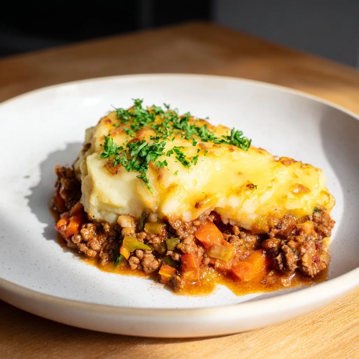 Warm Rustic Shepherds Pie with a golden cheesy potato crust, perfect for a cozy supper.