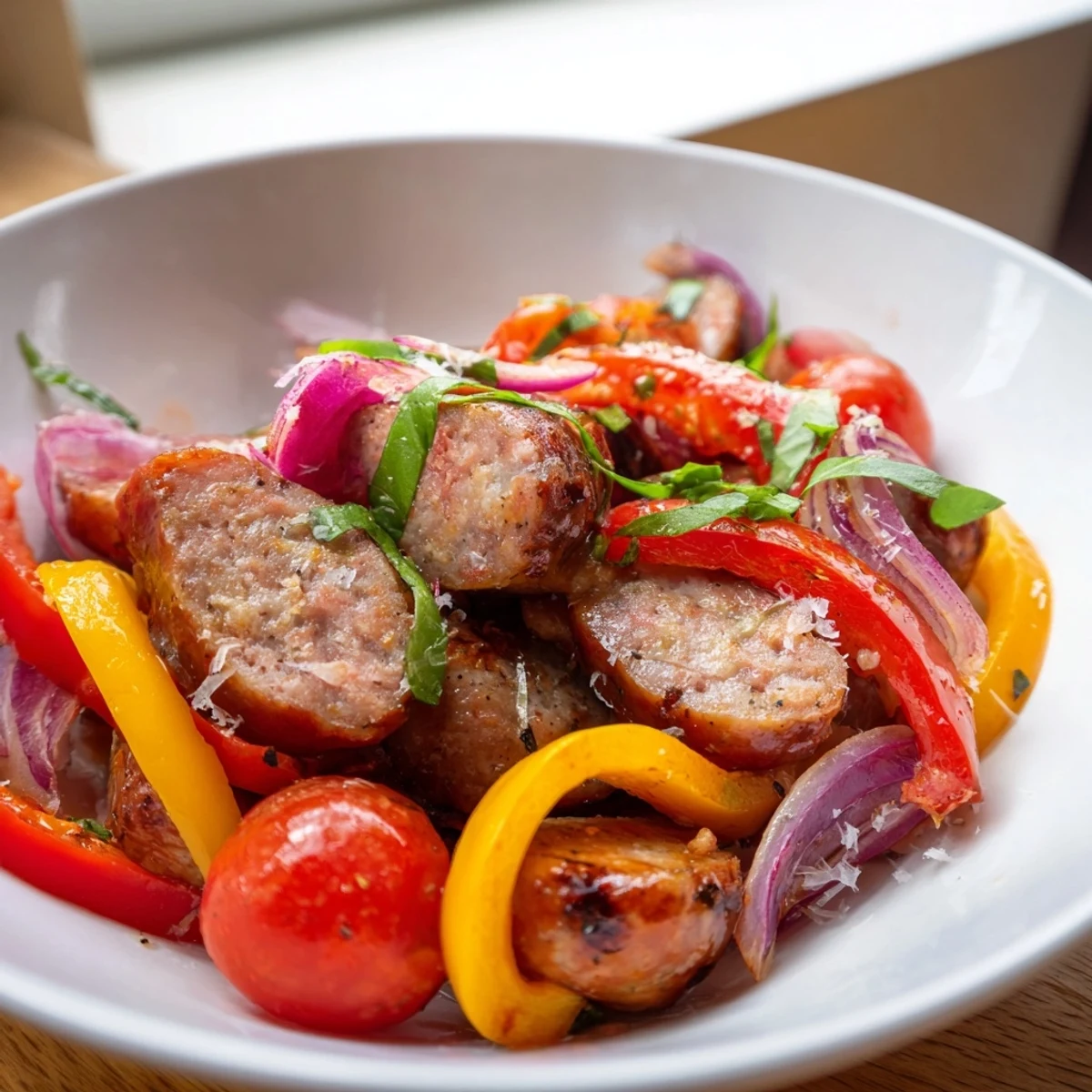 Golden-brown sausage pieces with tender peppers and fresh basil in this skillet supper.