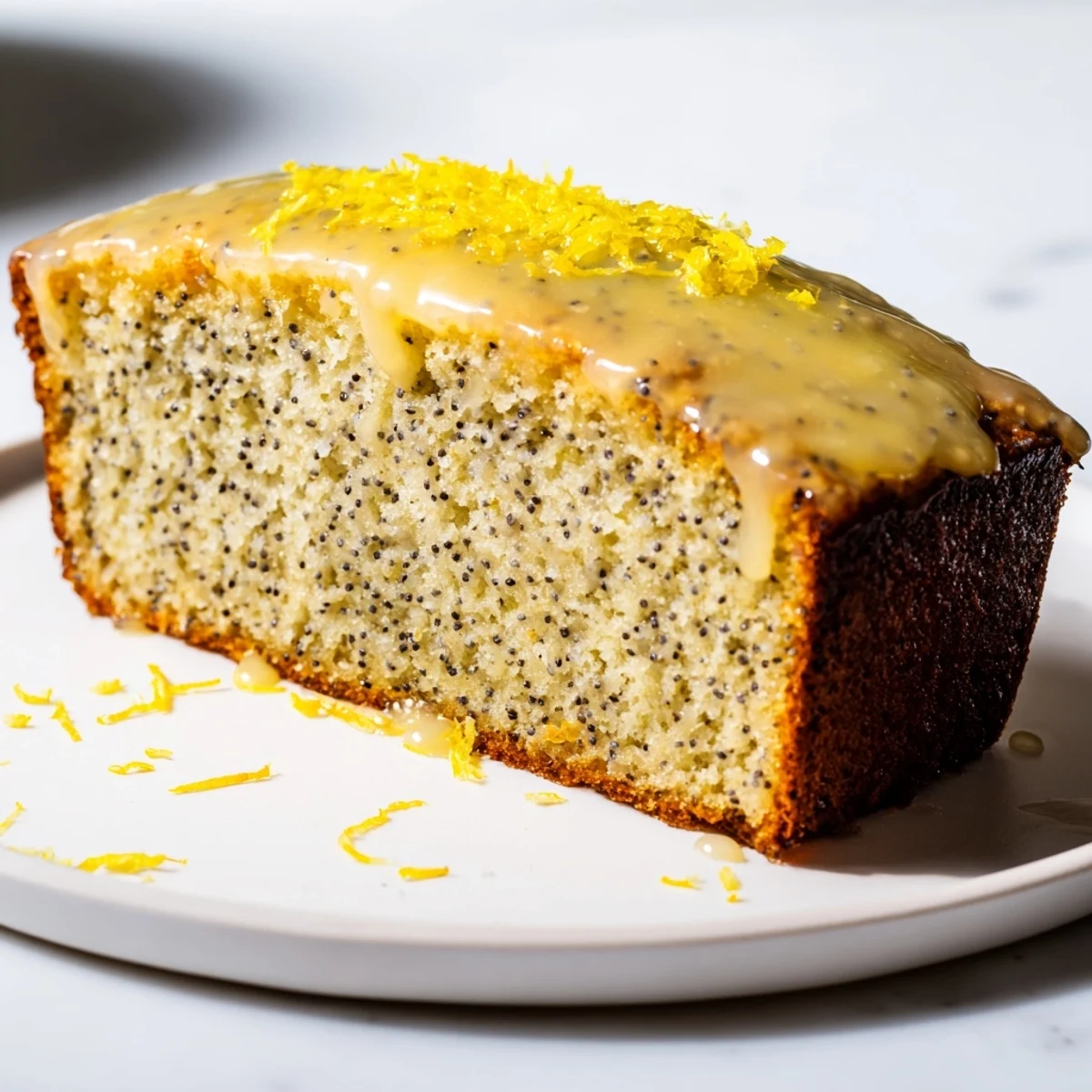 Sliced, moist Glazed Lemon Poppy Seed Cake, with a vibrant lemon flavor, perfect dessert for a summer day.