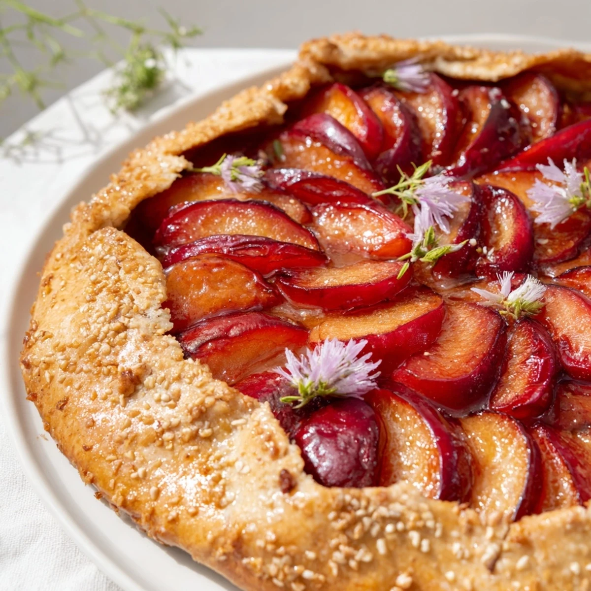 Warm Honey and Plum Galette, featuring a tender crust and sweet, juicy plum filling.