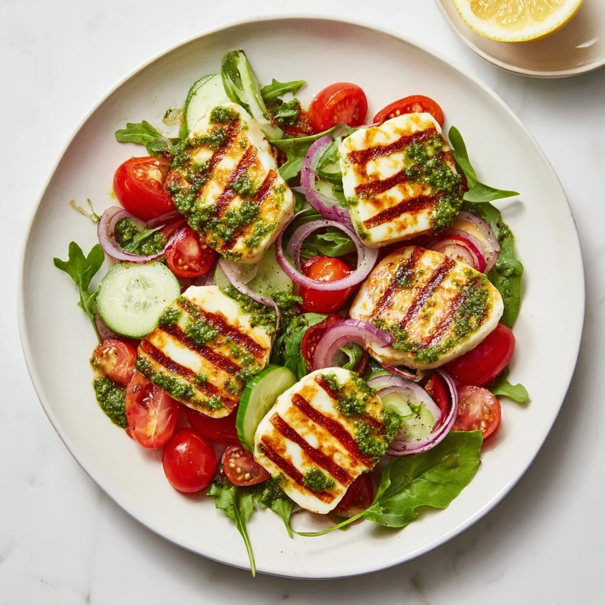 Golden grilled halloumi and pesto plate, vibrant with fresh vegetables and flavorful basil pesto.