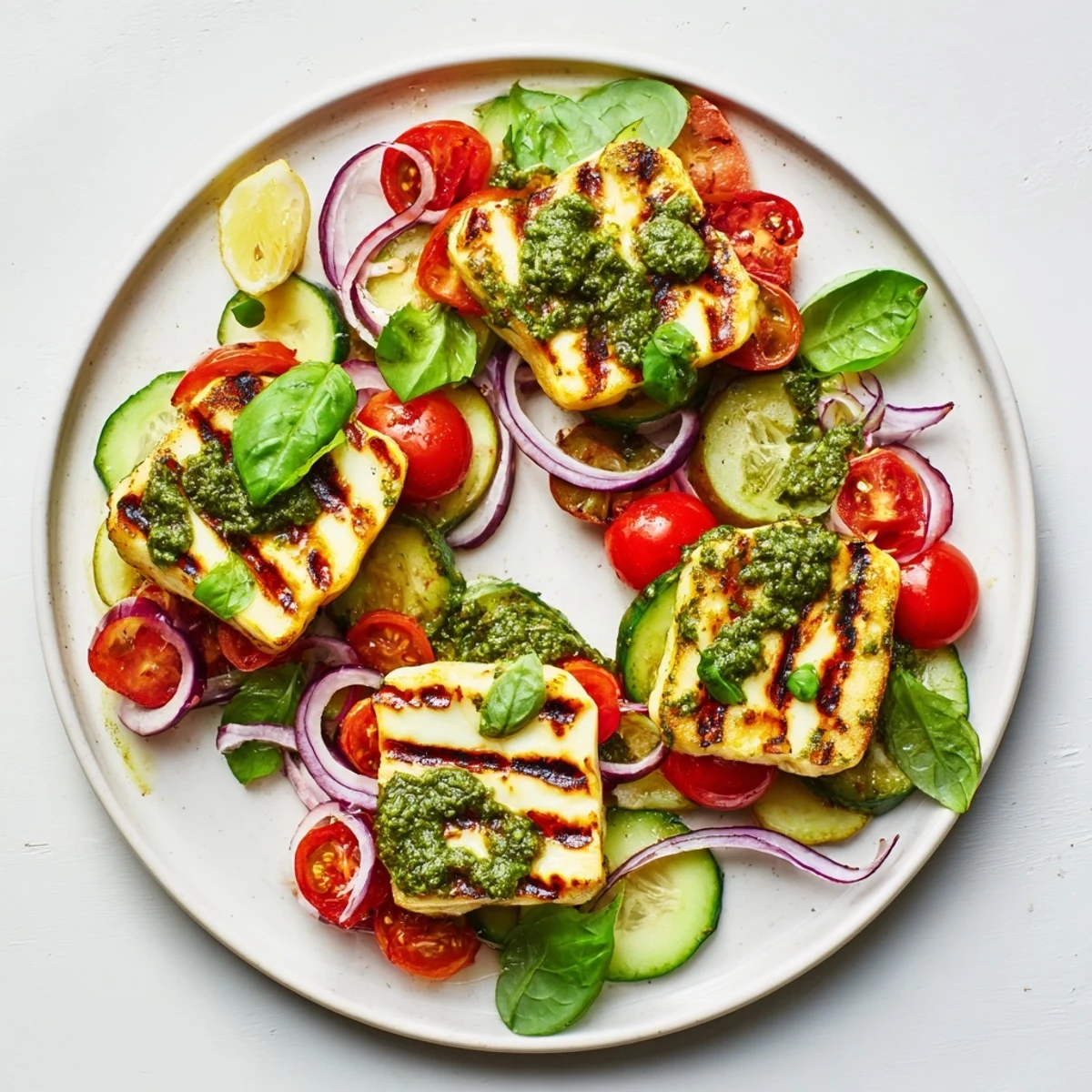 Mouthwatering grilled halloumi recipe, beautifully arranged on a plate with pesto and colorful veggies.