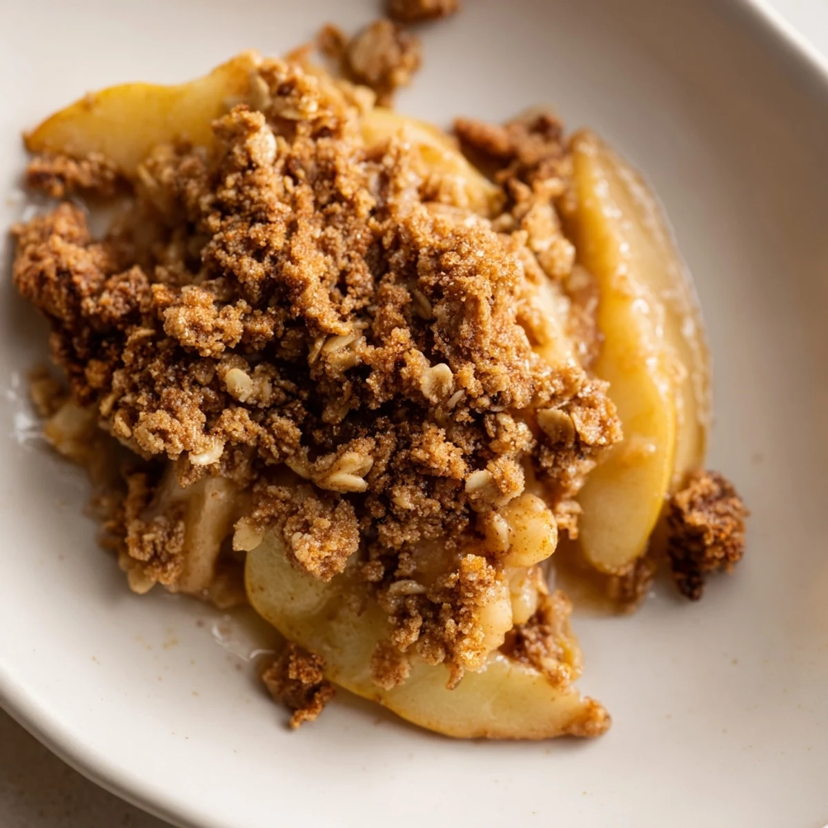 Golden-brown Soft Crumb Apple Crisp with bubbling apple filling, ready to serve warm.