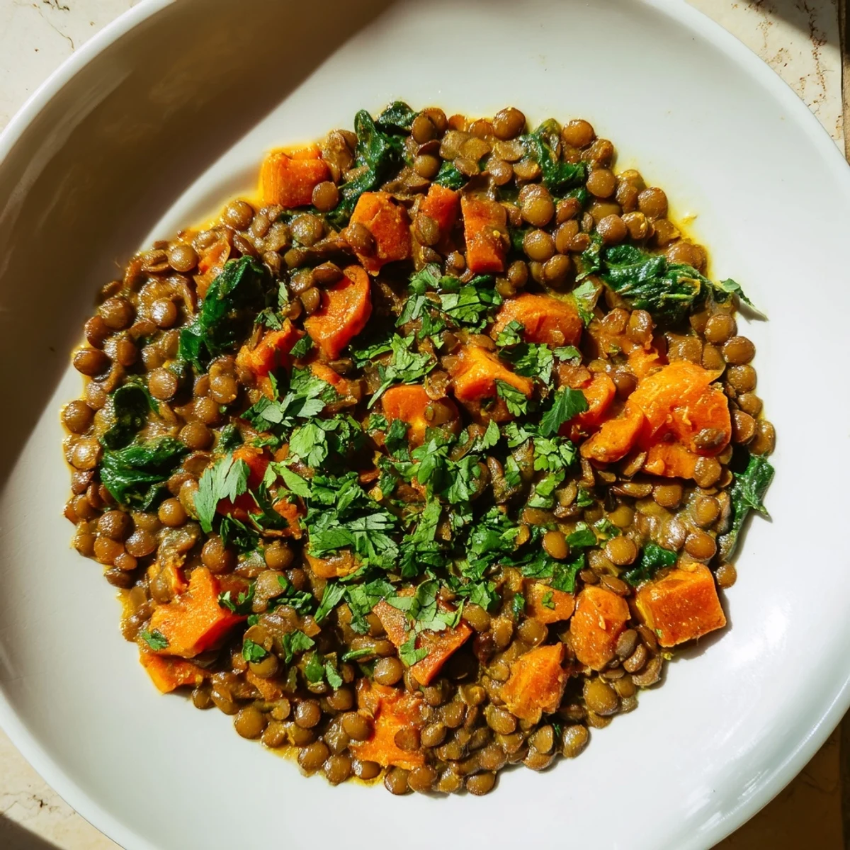 Close-up of a flavorful Lentil and Spinach Curry, showcasing tender lentils and fresh spinach.