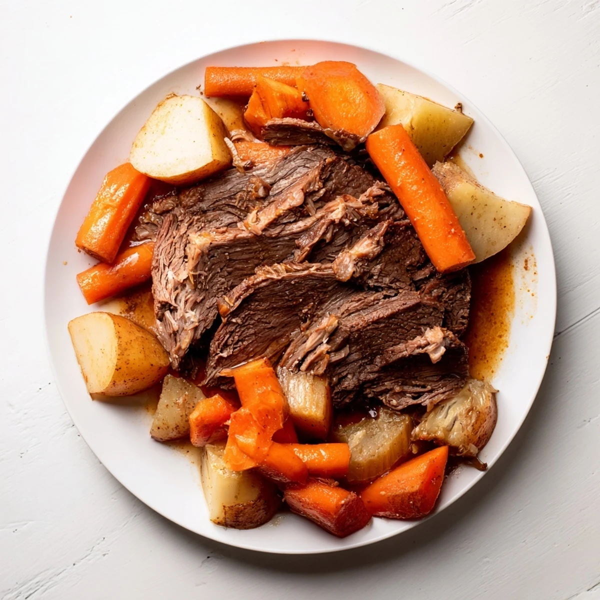 Tender, fall-apart Everyday Family Favorite Pot Roast surrounded by golden-brown root vegetables in a flavorful gravy.