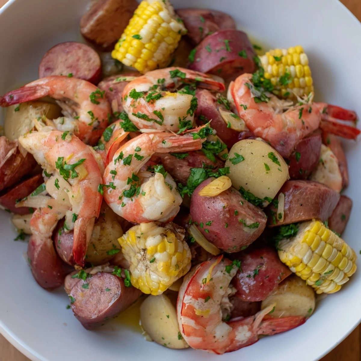 A close-up of a rustic platter with a single-pot Seaside-Inspired Shrimp Boil showcasing fresh ingredients and vibrant colors.