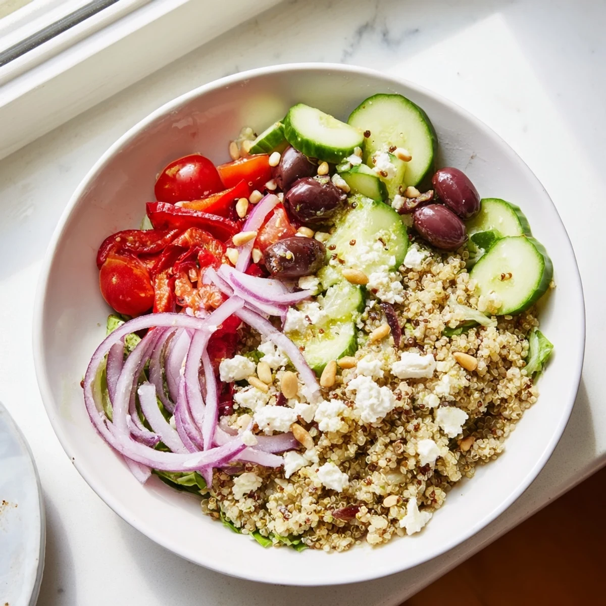 A beautifully arranged Mediterranean Grain Bowl, ready to serve and enjoy as a nutritious meal.