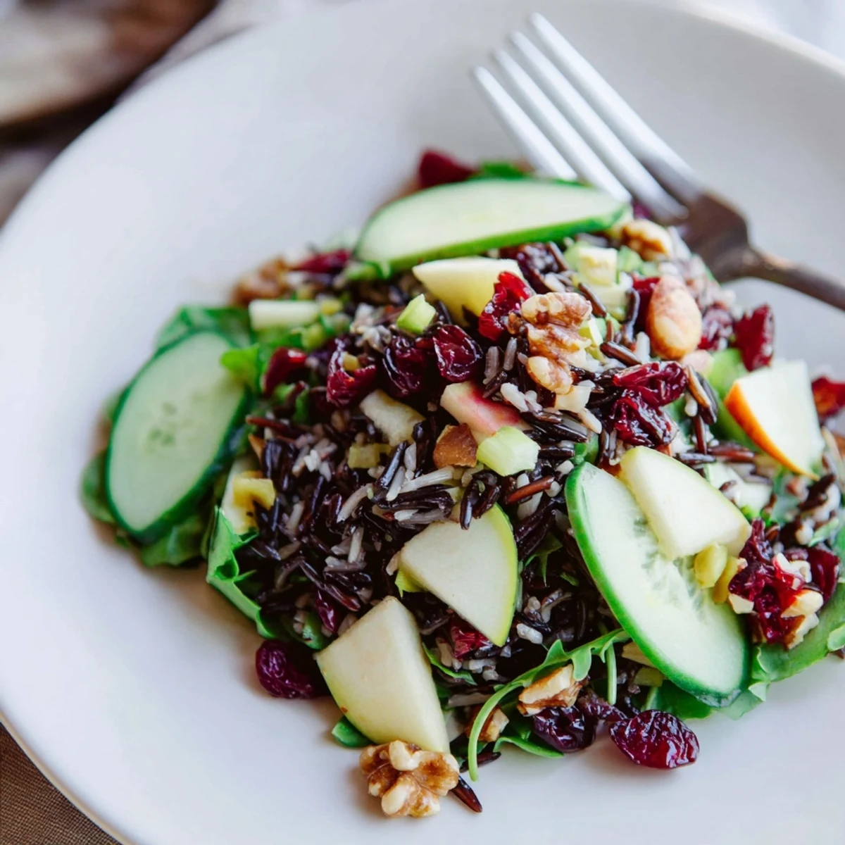 The savory, delicious Light Forest-Inspired Wild Rice and Cranberry Salad, a perfect vegetarian meal.