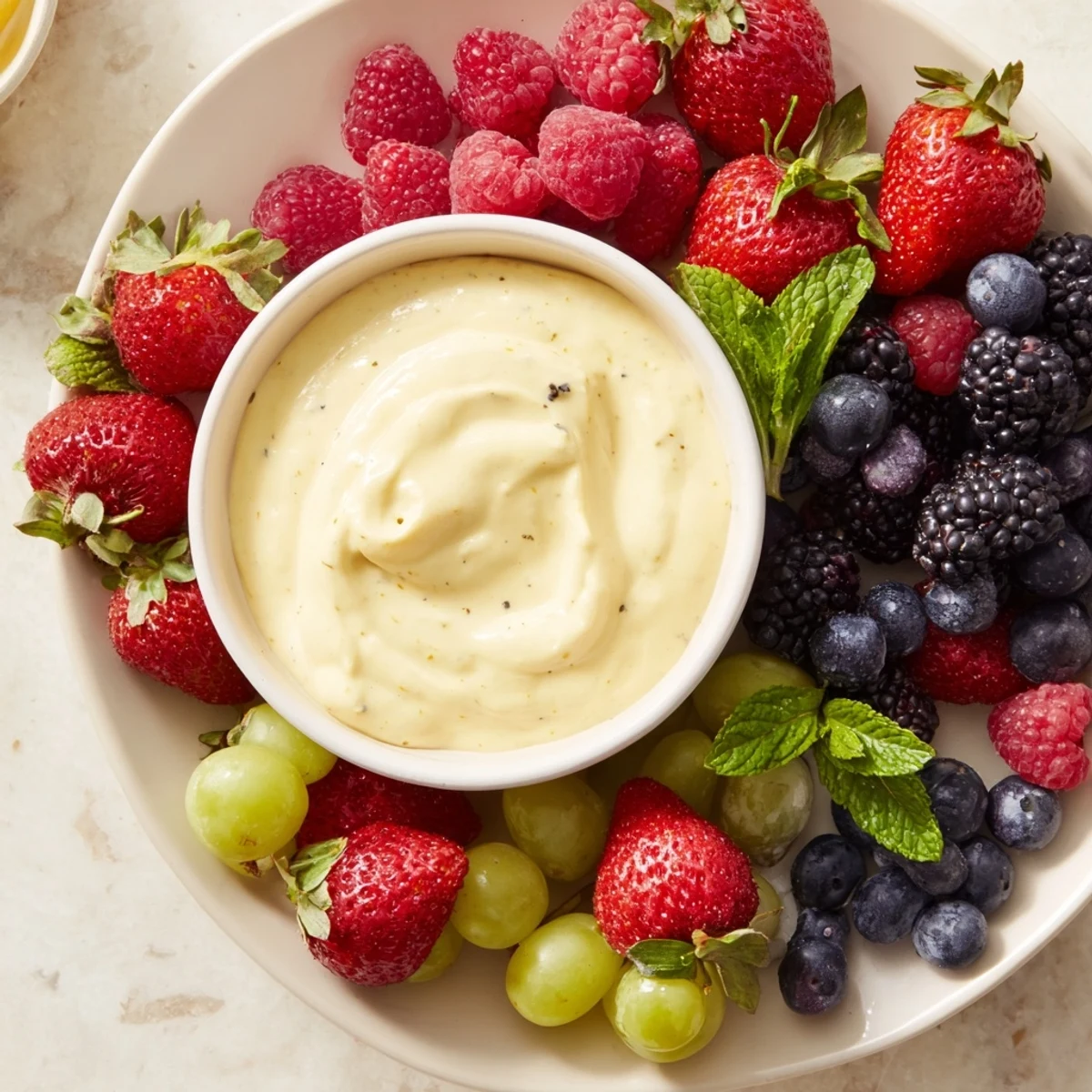 Festive Mistletoe Kiss Berry Dip Board: a beautiful array of colorful berries surrounding creamy dip, ready to enjoy.