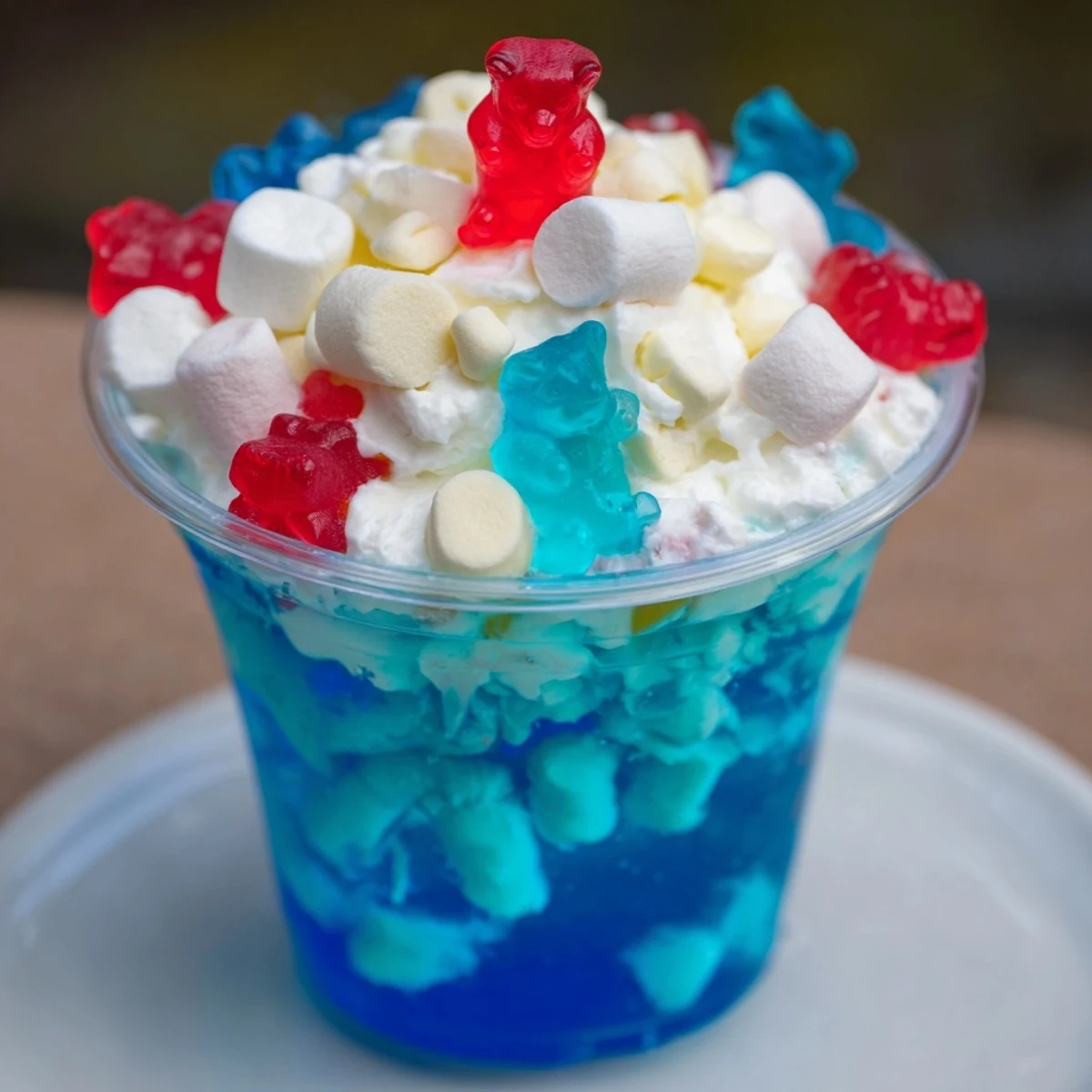 Snow globe Jello cups gleam with blue gelatin, studded with marshmallows and festive sprinkles; a yummy holiday treat.