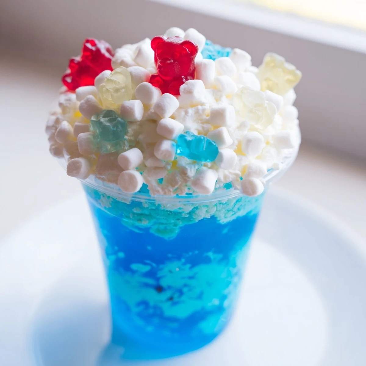 These shimmering snow globe Jello cups feature bright blue gelatin and playful candies, ideal for a sweet party dessert.