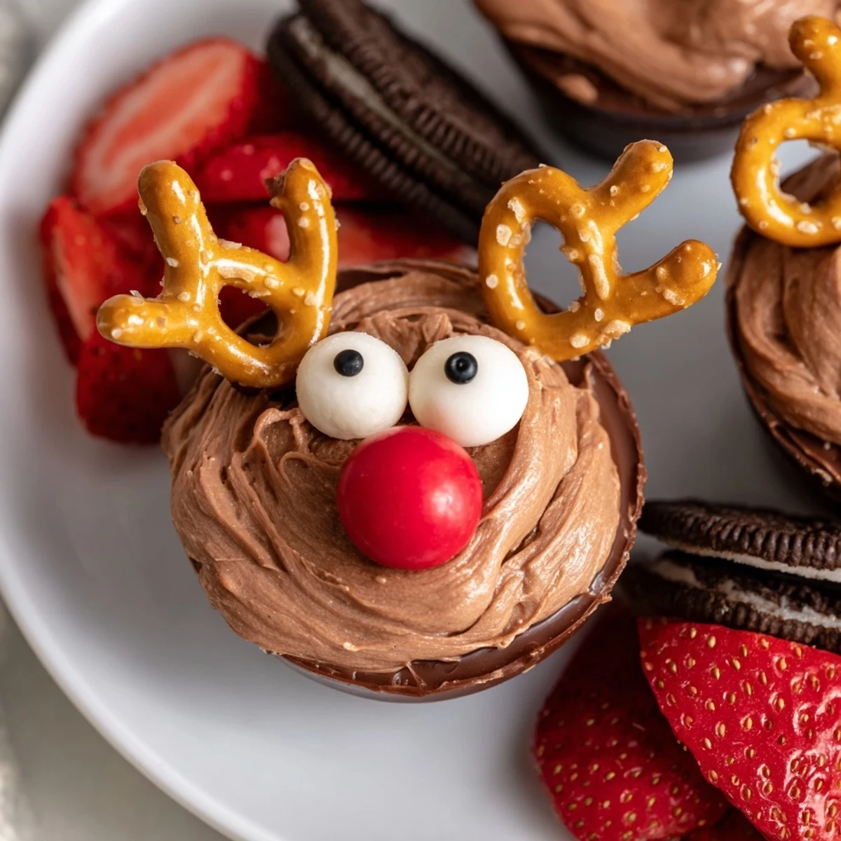 Chocolate reindeer pudding cup dessert board with festive treats, perfect for holiday parties.
