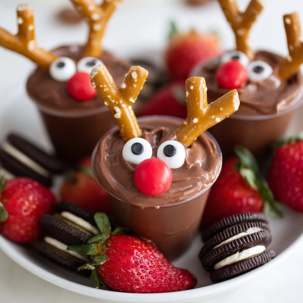 Adorable chocolate reindeer pudding cups with pretzel antlers, red noses, and sweet candy faces.