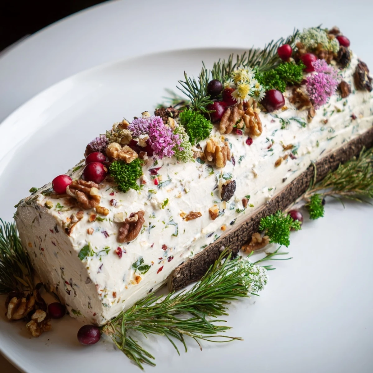 Festive Yuletide Log Cheese Centerpiece features a creamy, herb-speckled cheese log garnished with winter greens.