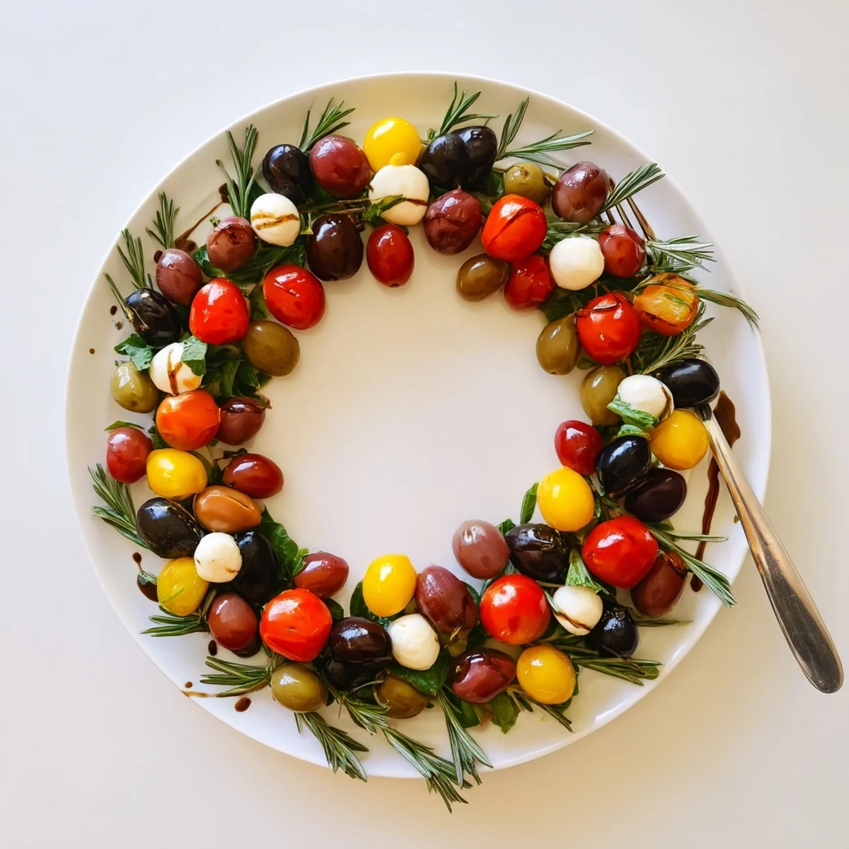 Close-up of a colorful Olive and Cherry Tomato Wreath: a visually appealing holiday appetizer.