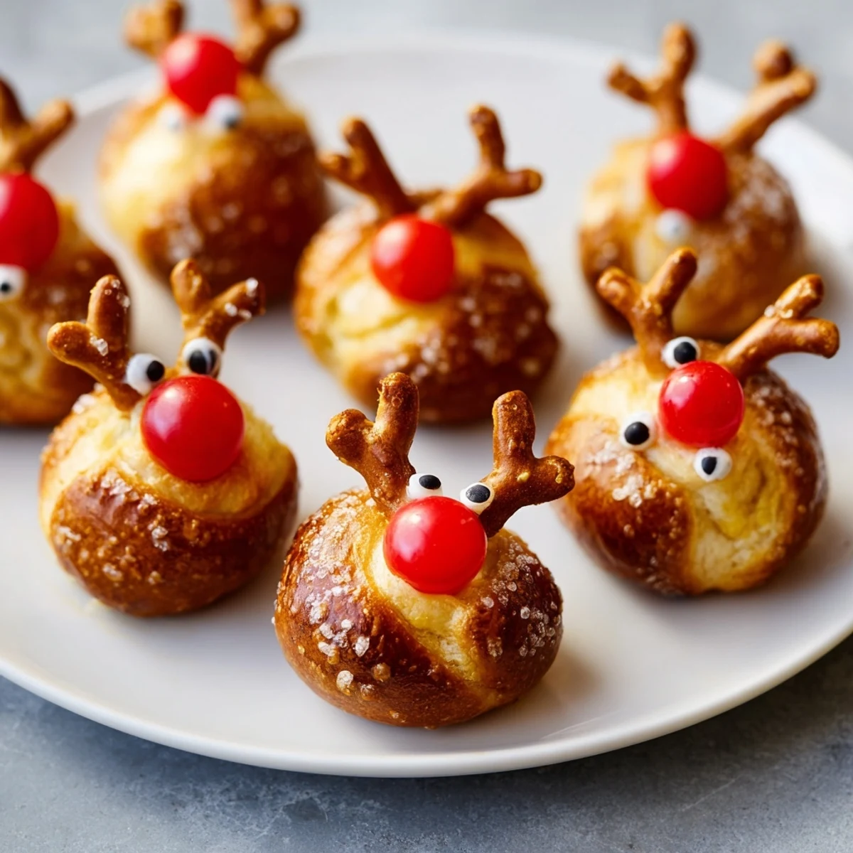 Rudolf's Red Nose Pretzel Bites: Warm, cheesy pretzels with cherry-red noses and pretzel antlers offer festive fun.