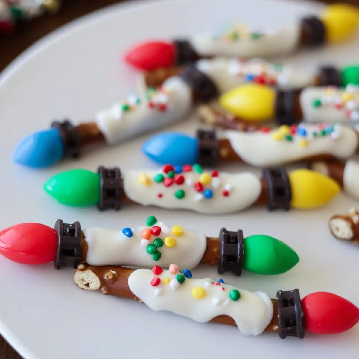 Festive, colorful pretzel sticks and dip Christmas lights: a delicious no-bake holiday snack idea.