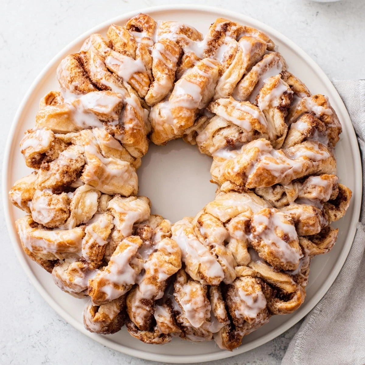 Fluffy cinnamon roll pull-apart wreath, golden brown and glistening with a sweet vanilla glaze.