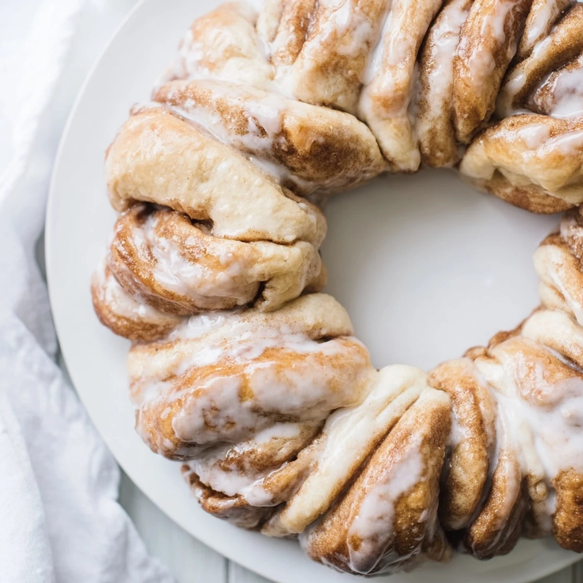 A warm, shareable cinnamon roll wreath, perfect for brunch, with a generous drizzle of glaze.