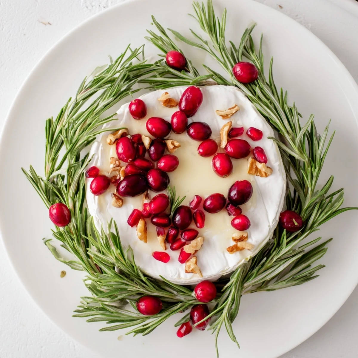 Warm Brie cheese wheel with a rosemary wreath, ready to be served with crackers.