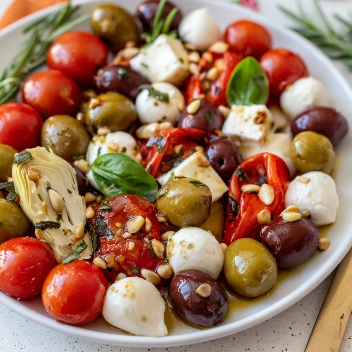 Festive Olive and Cherry Tomato Garland Board, showcasing colorful olives, tomatoes, and herbs, perfect for sharing.
