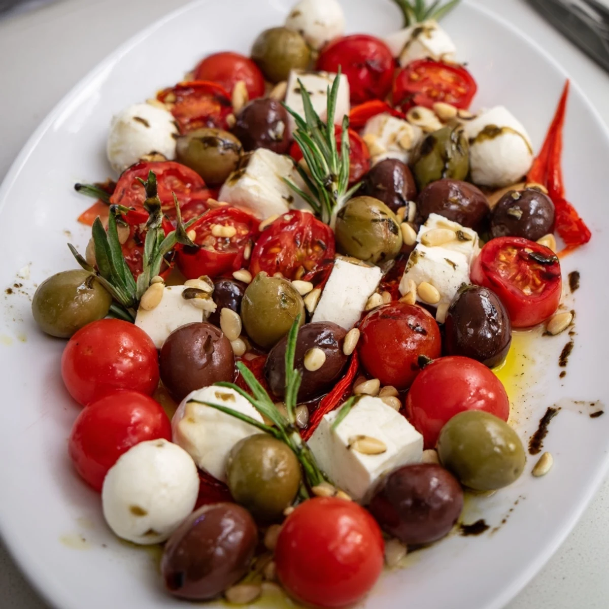 Close-up of the Olive and Cherry Tomato Garland Board: a Mediterranean appetizer bursting with fresh flavors and textures.