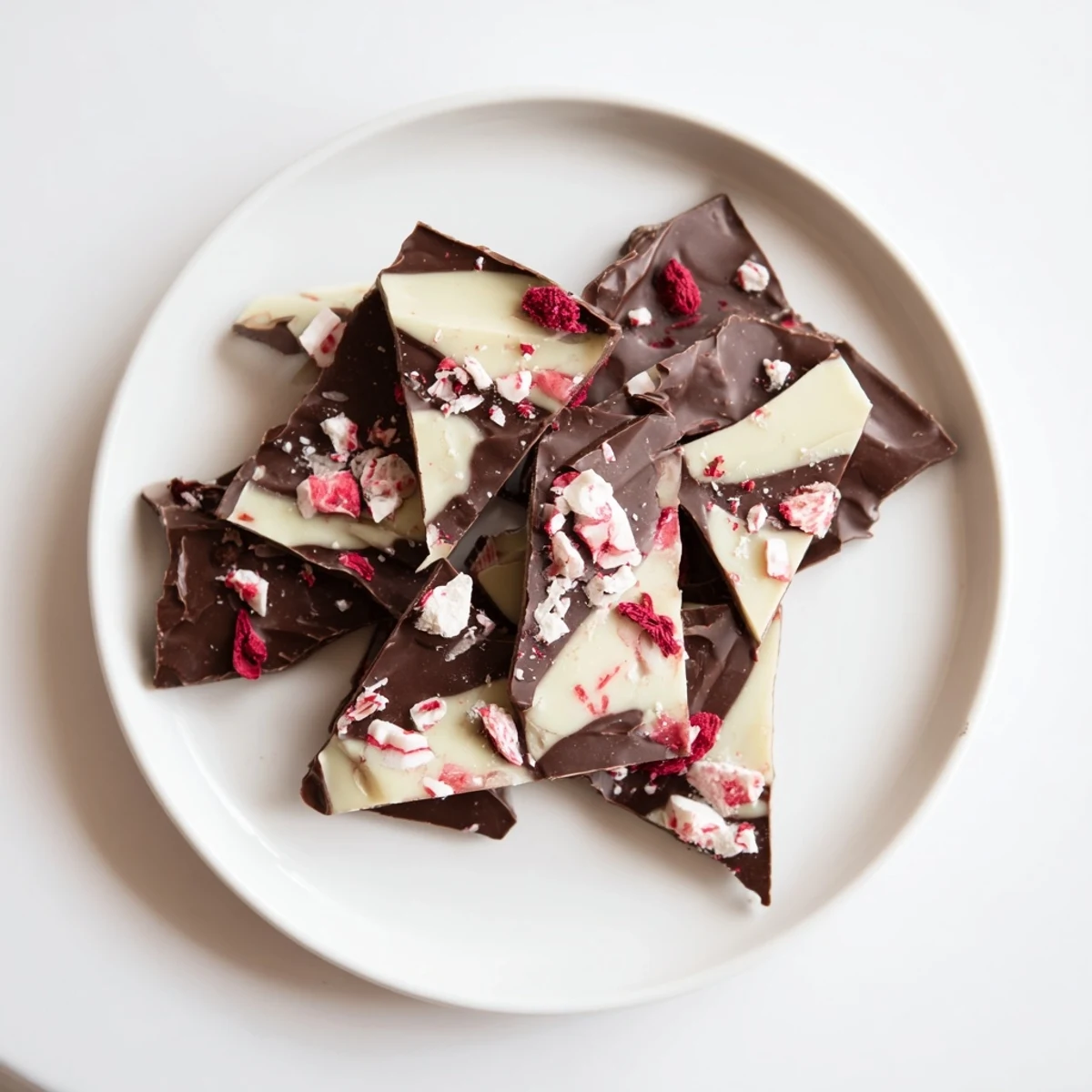 Dark and white chocolate Peppermint Bark shards, a festive dessert with crushed peppermint.
