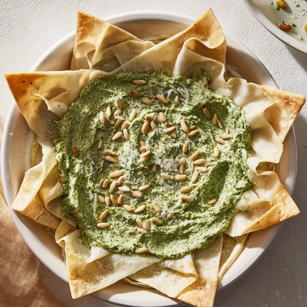 Festive star-shaped pesto dip appetizingly presented, perfect for dipping with cracker-like edges.