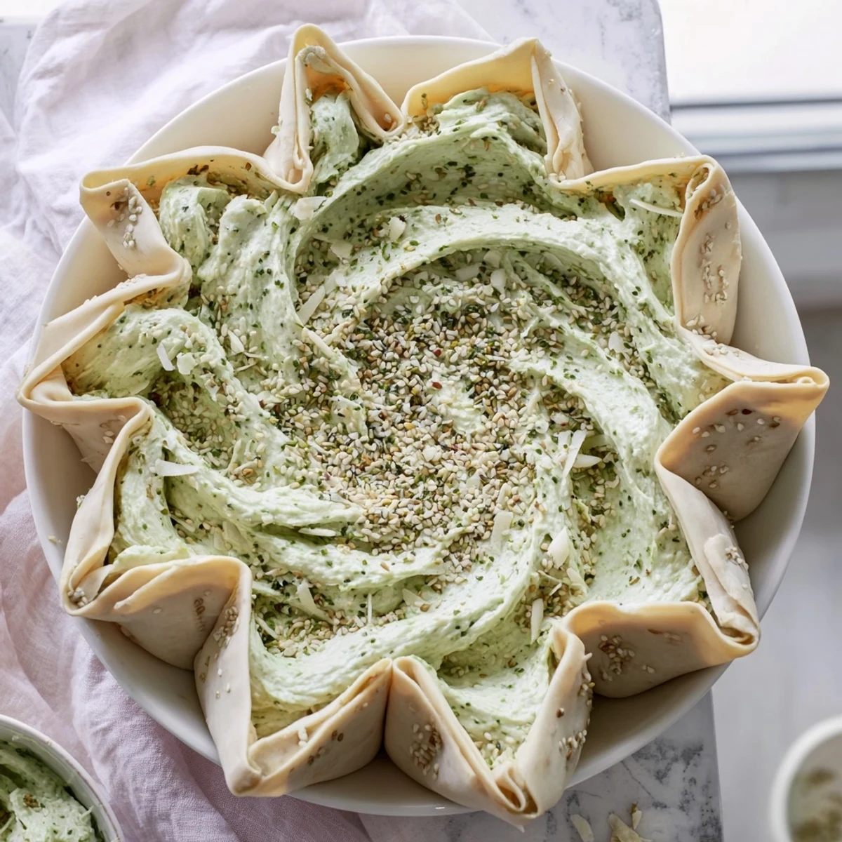 Star-shaped pesto dip with golden, flaky pastry edges and creamy, vibrant green filling.
